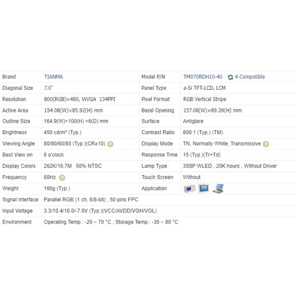 800×480 Lcd Tft Module WVGA 450cd/M2  7 Inch Touch Tft Lcd TM070RDH10-40