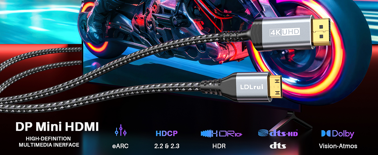 3M 9FT Displayport 1.2 To HDMI Cable 4K 60Hz 2K 120Hz 1080P 240Hz Unidirectional Mini HDMI Cable