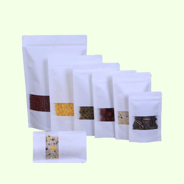 Custom Printed Stand Up White Kraft Paper Bag Pouches with Ziplock Rectangular Window for Food Snacks Candy Storage Pack