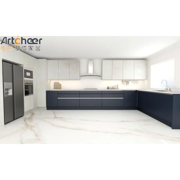 Grey and Blue Color Customized Kitchen Cabinet in L Shape Design for Modern Kitchen from Foshan