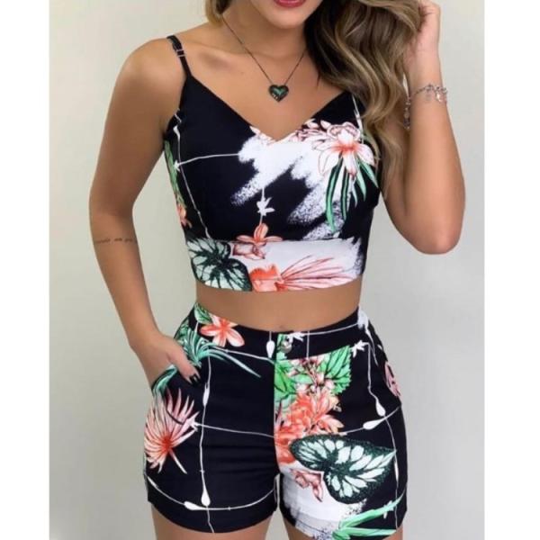 Women'S Hot Shorts Printed Blouse Set Summer 2 Piece Outfit With Wool Fabric