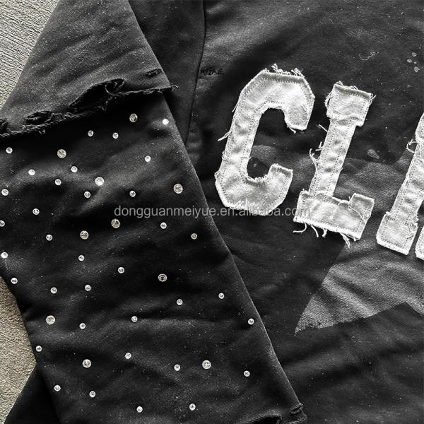 Camiseta personalizada Rhinestone Distressed Unisex bordado Manga larga doble capas camiseta de gran tamaño pesado para hombres