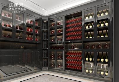 Stainless Steel Wine Cabinet With Black Glass Doors And Corner Storage