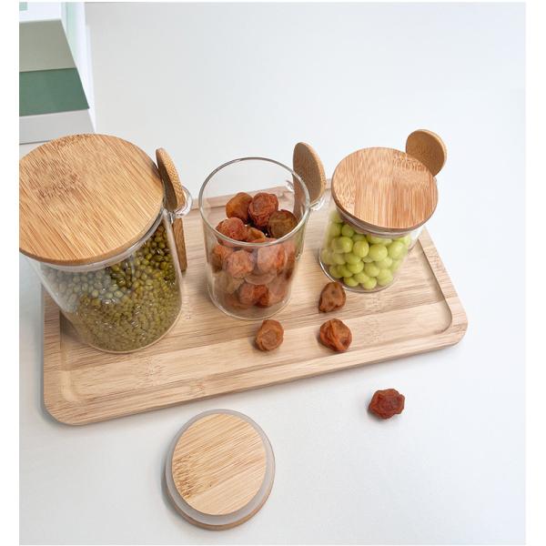 Food Round Glass Bamboo Jars with Lid and Spoon Candy Spices Coffee Beans Nuts Cookies