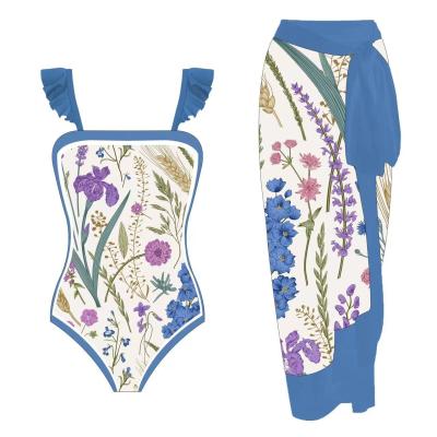 O biquini franjado três senhoras do roupa de banho da parte pisca pano flor do terno de natação de 3 partes que imprime o material de nylon
