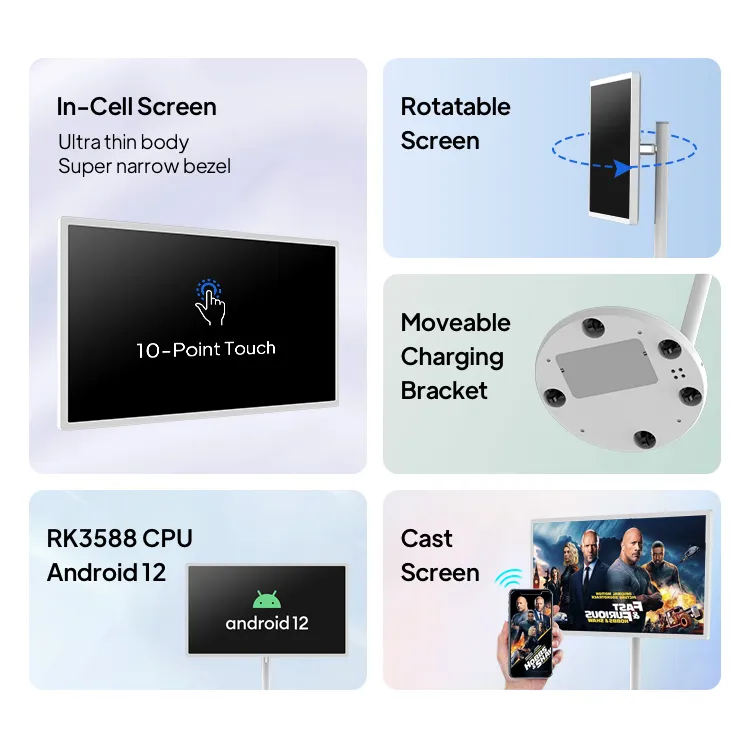 32 Inch Movable Smart Monitor Rollable Touch Screen TV Battery Powered Portable Stand Display Kiosk Factory