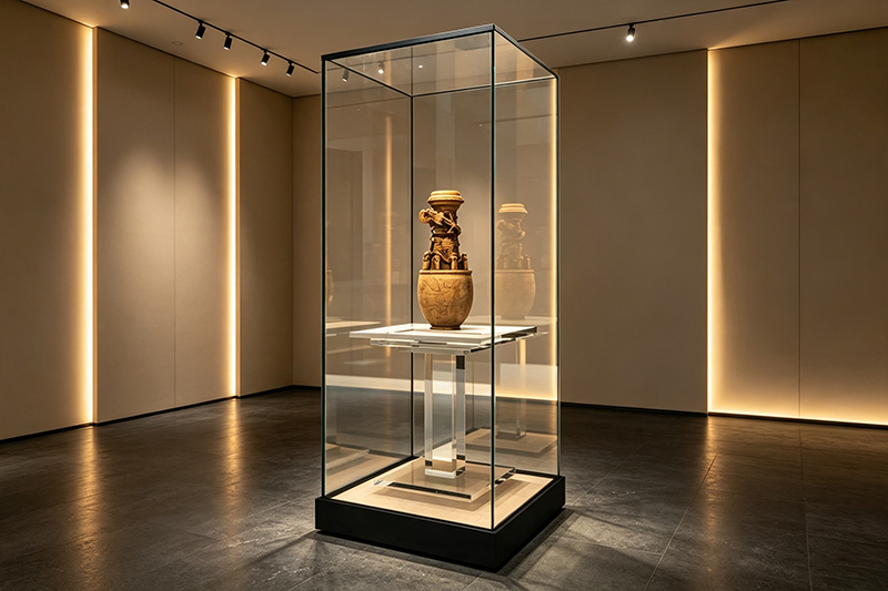 Museum-Grade Anti-Reflective Glass Display Cabinet With Ultra-Slim Black Metal Frame And Floating Acrylic Display Plinth