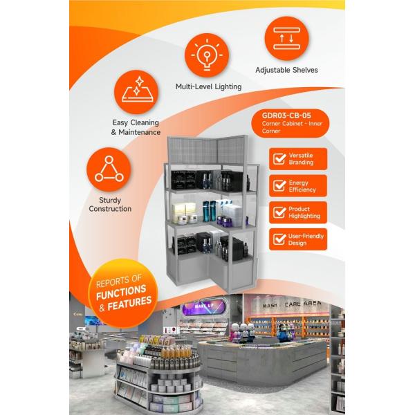 GDR03-CB-05 Inner Corner Cabinet with LED Strip Lights and Transparent Tempered Glass for Fashion Boutiques
