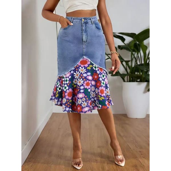 Denim Patchwork Floral Midi Skirt with A-Line Silhouette and Soft Durable Fabric