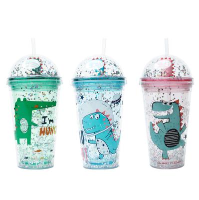 Copo bebendo da lantejoula da estrela da boneca do dinossauro da garrafa de Drinkware da dupla camada do ABS com palha