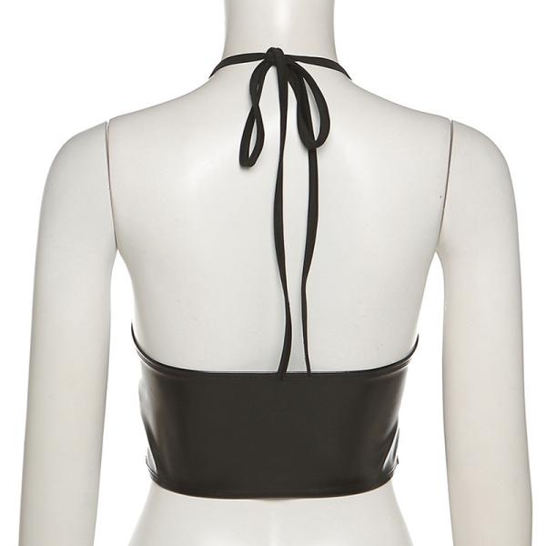 Ladies Lace Up Halter Neck Zipper Black Leather Tank Top
