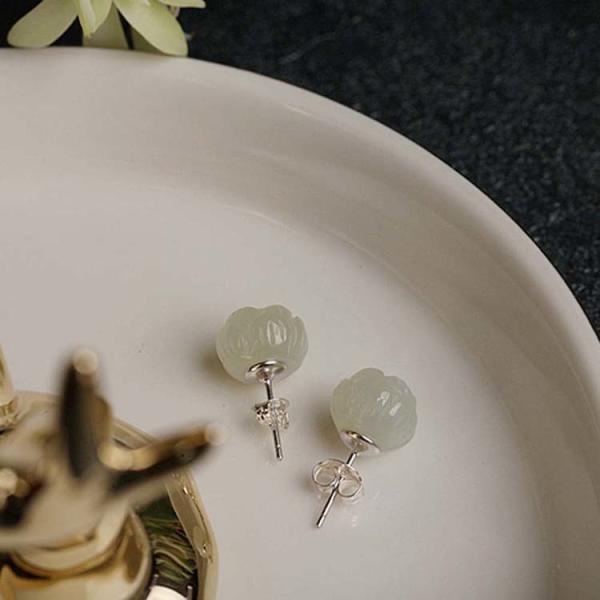 Sterling Silver 925 Natural Jade Engraved Flowers Stud Earring (TRS30897)