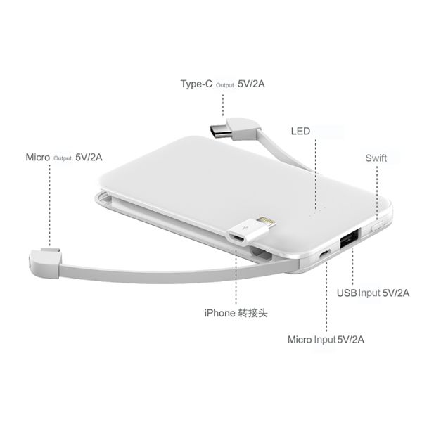 Portable Power Bank With Lighting/Type-C Cables 5000mah Utral-thin And Small Size Power Supply