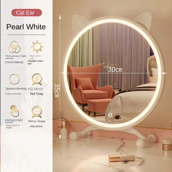 adjustable three levels light and mirror angle Desktop Smart LED cat ear make-up mirror light (WH-MR-94)