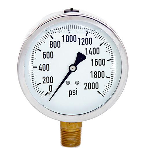 4 Liquid filled Pressure Gauge,glycerine, 0-2000 psi ,lower mount, 1/2 NPT, stainless steel case and brass internal