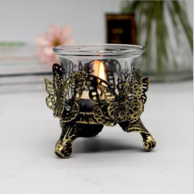 Antique Brush Gold metal hollow Candle holder with butterfly /rose design and telight cup