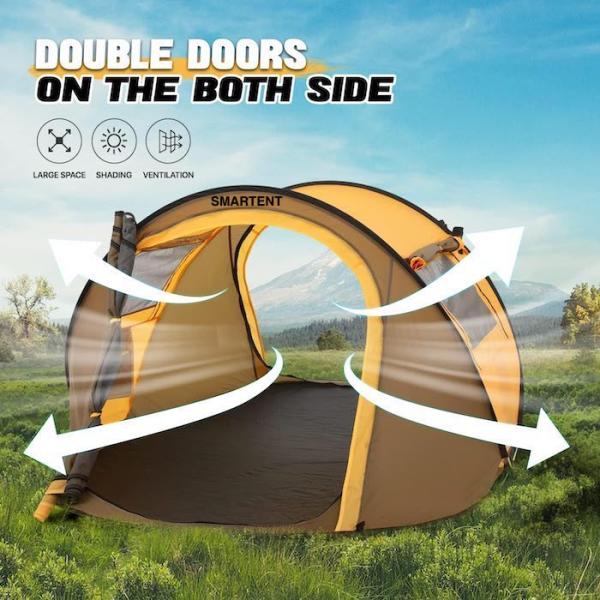 96*59*41 polegadas de poliéster amarelo 4 Temporada Pop Up Camping Tent com janelas de malha e design à prova d'água para 2 pessoas