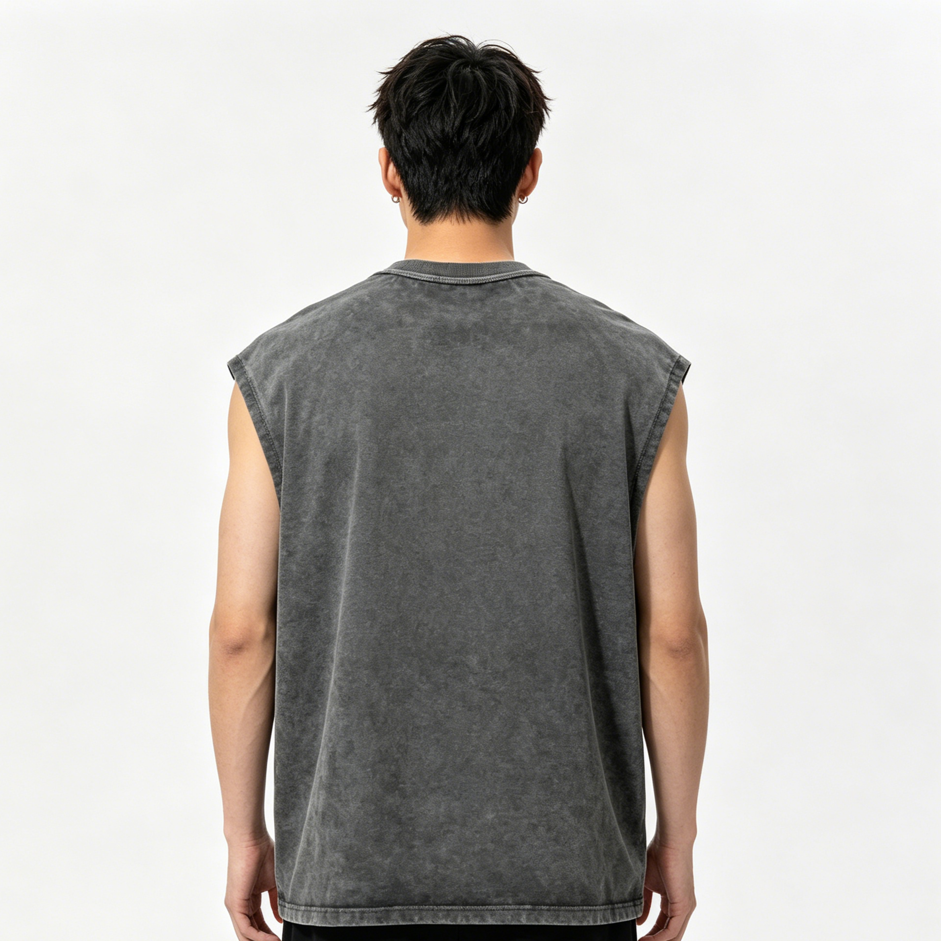Crew Neck Mens Sleeveless Tank Top Dark Green / Silver Grey 100% Cotton Vest Vintage Washed