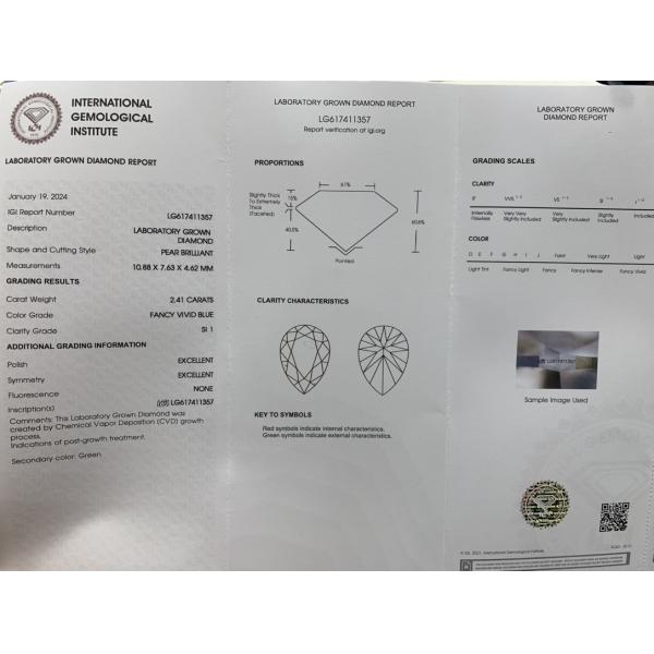 Blue Lab Grown Pear Shaped Diamond Clarity SI1 Carat 2.41