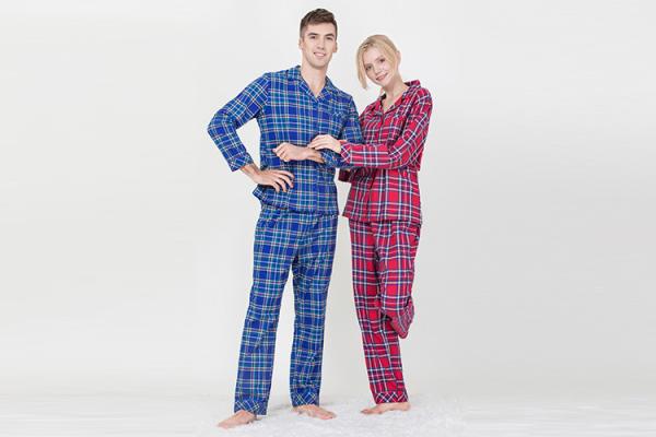 Lovers Pyjamas Cotton Yarn Dyed Check Flannel Long Sleeve Long Pants Satin Piping Pocket Satin Fabric Covered Buttons