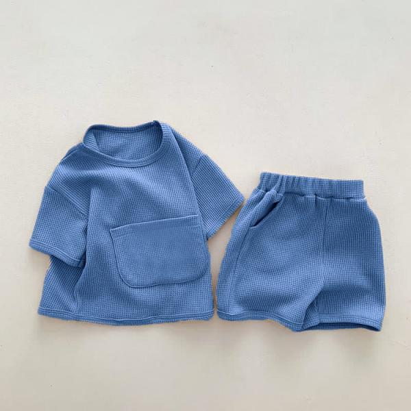 T-shirts faits sur commande de broderie de coton du tissu 2Pcs de gaufre d'enfants en bas âge réglés été Loungewear