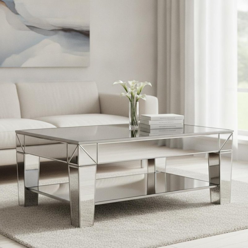 Noralie Mirrored Finish Coffee Table with Faux Diamonds Inlay 96X96X46CM