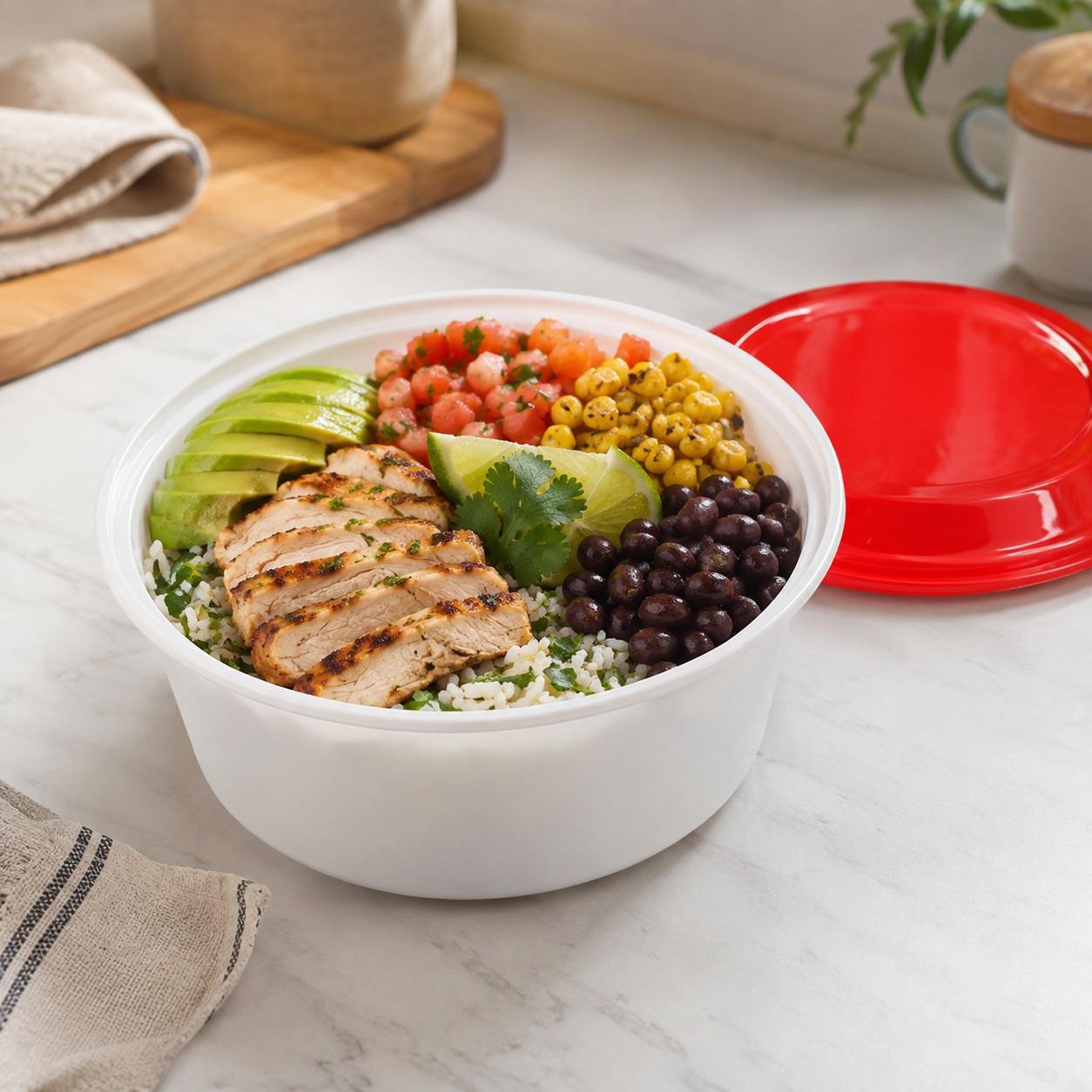 Family Takeaway PP Disposable Soup Bowls White Round 1258ml with Red Lids