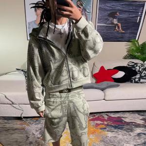 Custom Rhinestone Tracksuits Zip up 500 GSM Two Piece Boxy Cropped Hoodie Suit