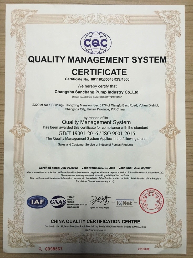 CHANGSHA SANCHANG PUMP CO., LTD. Сертификации