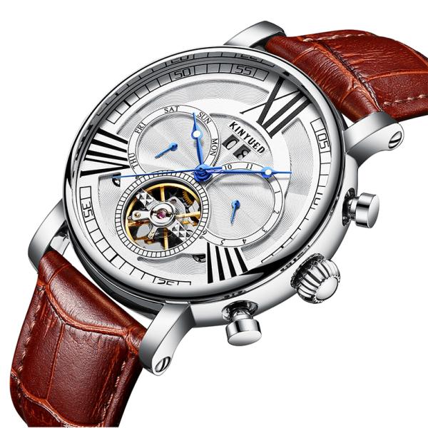 Brown Genuine Leather Luxury White Dial Automatic Movement Mens Waterproof Automatic Mechanical Watch