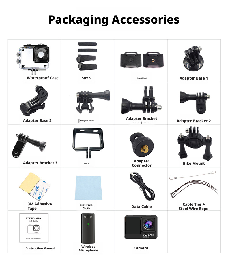 DLC 5K Electronic Image Stabilization Dual Screen Sports Camera 30M Waterproof 170 Wide Angle Wireless Remote WiFi Mic Car Dash