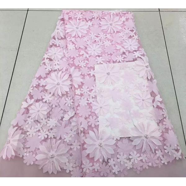 Pink 3D Flower Embroidered Mesh Lace Fabric , Sequin Beaded Lace Tulle For Dress Show