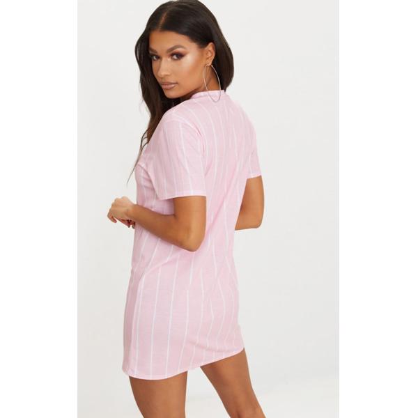 Hot Sale Fashion Pastel Pink Stripe Print T Shirt Dress For Women