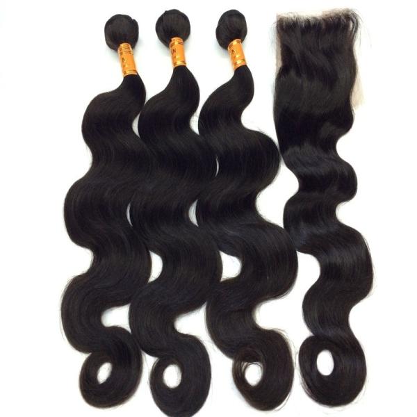 Hot Selling 100% Human Hair Extensions Natural Black  Brazilian Virgin Hair Body Wave With 4*4Inch Free Part  Closures