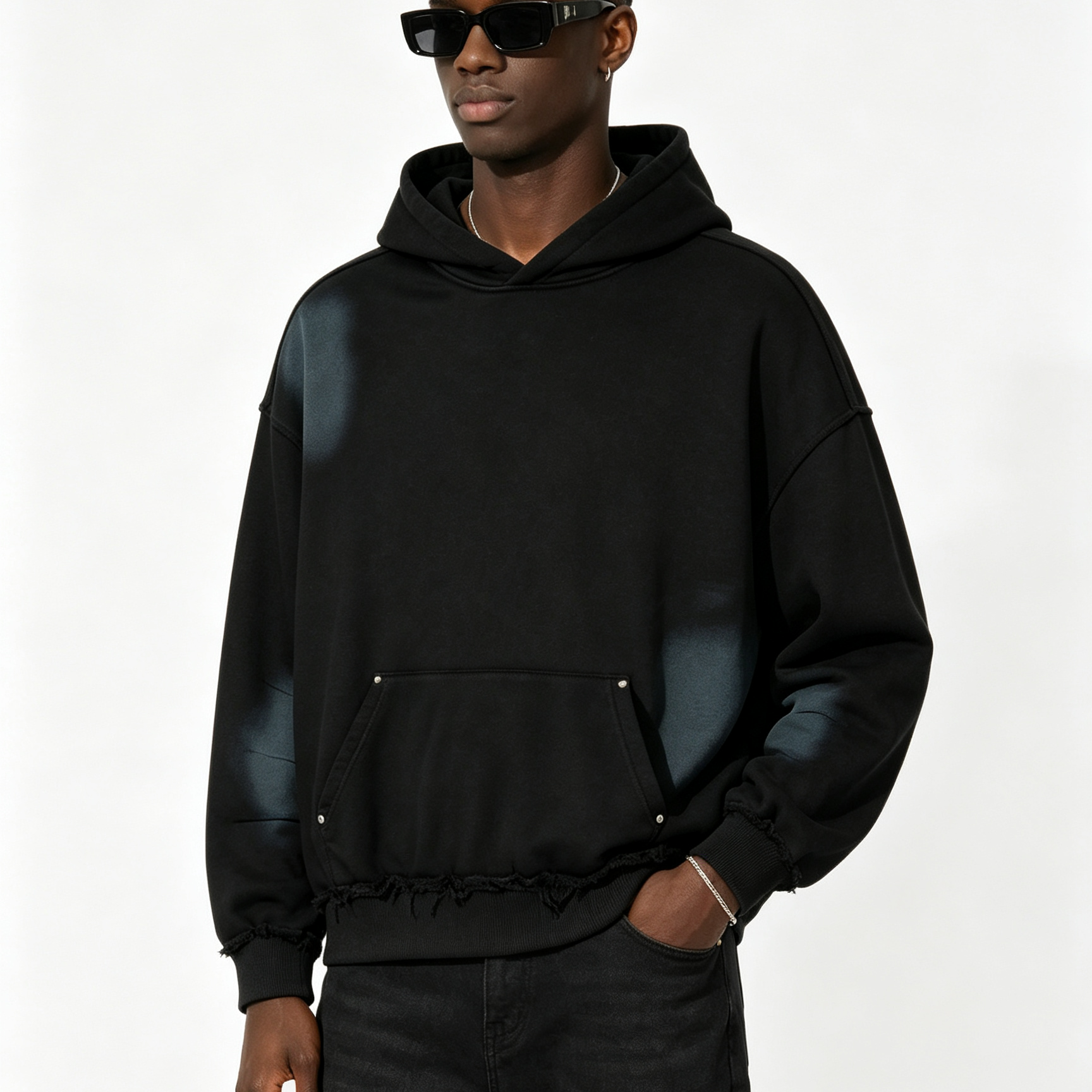 Men’s Washed Distressed Hoodie 400G Oversized Streetwear Casual Pullover Sweatshirt