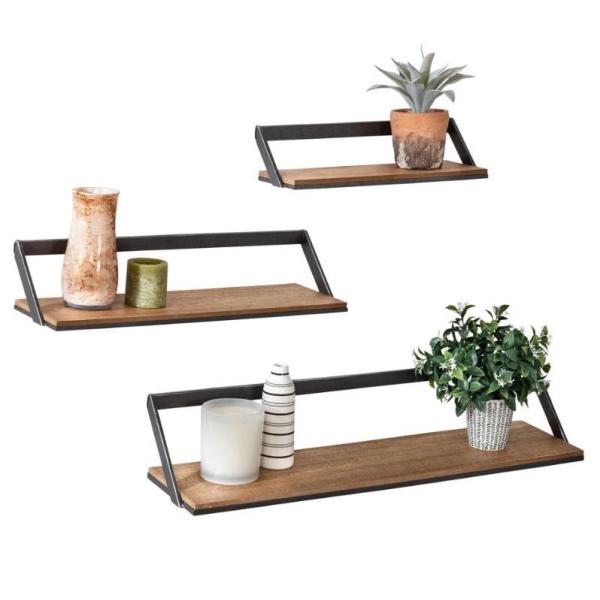 Customized Logo Home Decoration Set Of 3 Black/Natural Wooden Wall Shelves Hanging Display Shelves