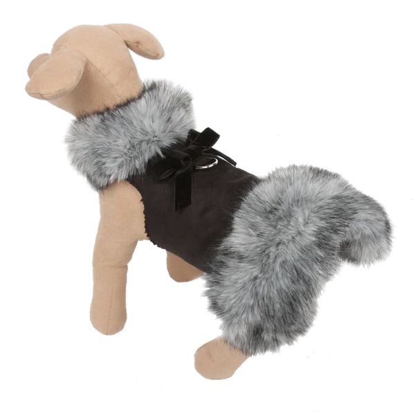 Platinum Glitzerati Bow Soft Silver Faux Suede Faux Fox Fur Dog Coat