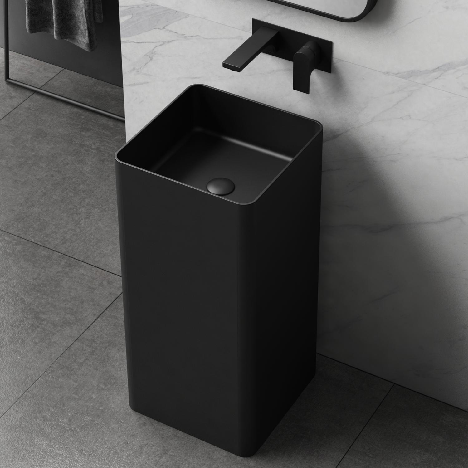 Matte Black Square Corner Pedestal Sink Artificial Solid Stone Washbasin