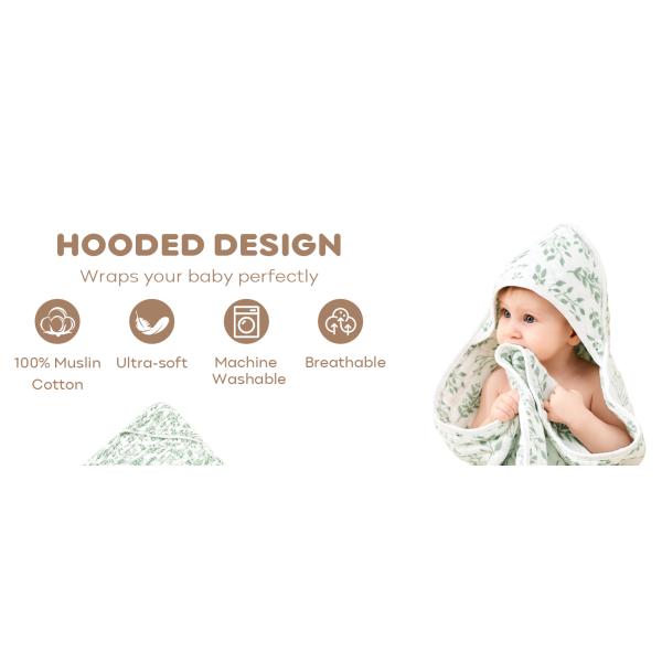 100% Cotton Hooded Baby Towels 2-Pack - 32x32 Inches, Darkgreen & Leaf