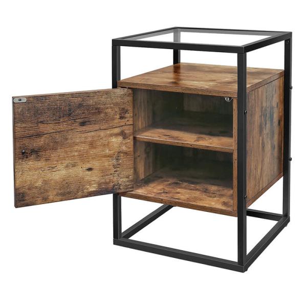 Glass Top Nightstands with Cabinet for Sale, Industrial Side Table for Bedroom, LNT05BX