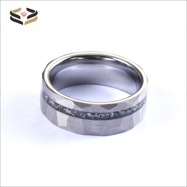 8mm Tungsten Silver Hammered Meteorite Inlay Ring for Men's Shaving Wedding