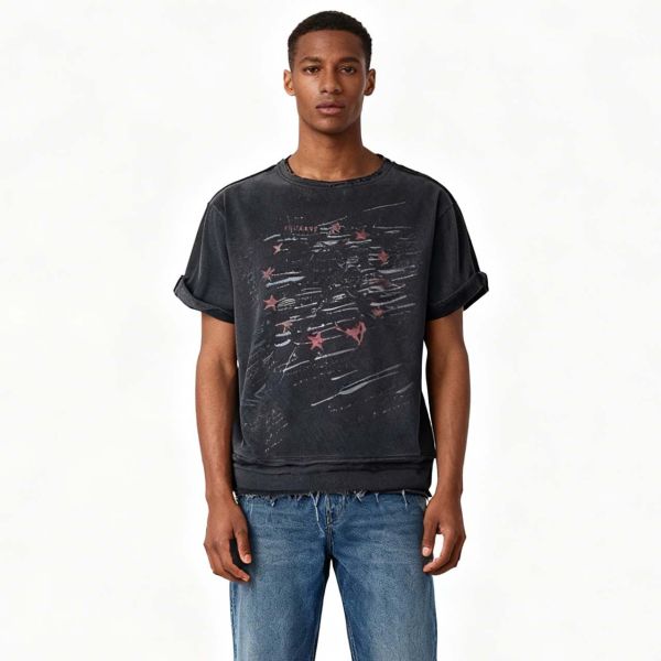 2026 Trending Custom Distressed Printed Boxy Oversized Cropped Shorts Sleeve 100% Cotton Quick Dry Athletic Wear Men's T-shirt
