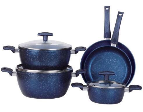 8PCS heat resistant nonstick blue marble inside and outside coating Aluminum cookware set with saucepot