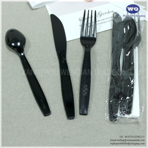 7 Inch Black Plastic Cutlery Set 4 In 1-Disposable Plastic Cutlery-black fork Knife Spoon pre wrapped plastic cutlery