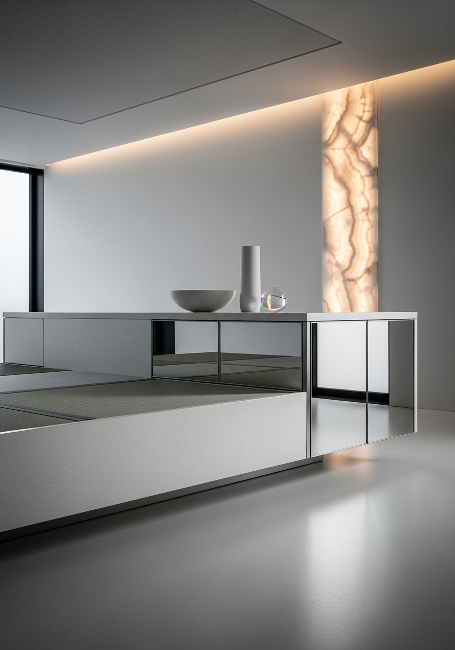 Floating Platform Tatami Bed with Integrated Storage in 304 Stainless Steel