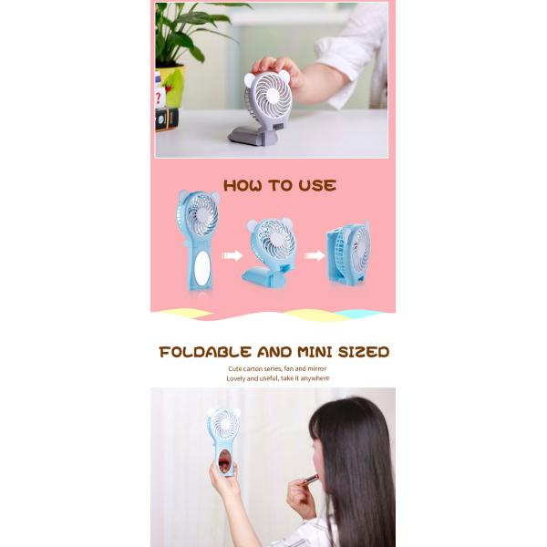 Foldable Mirror Small Battery Operated Fan Strong Cool Wind No Noise KC Battery