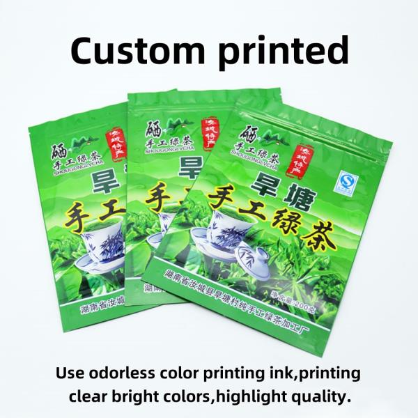 Eco-Friendly Stand Up Bags For Tea Packaging With Aluminum Foil Liner And Resealable Zipper Bulk Orders Discounts.