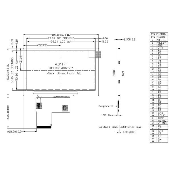 4.3 дюймовый Tft LCD дисплей, разрешение 480x272, 24 бит RGB 40PIN интерфейс, 1000cd/M2