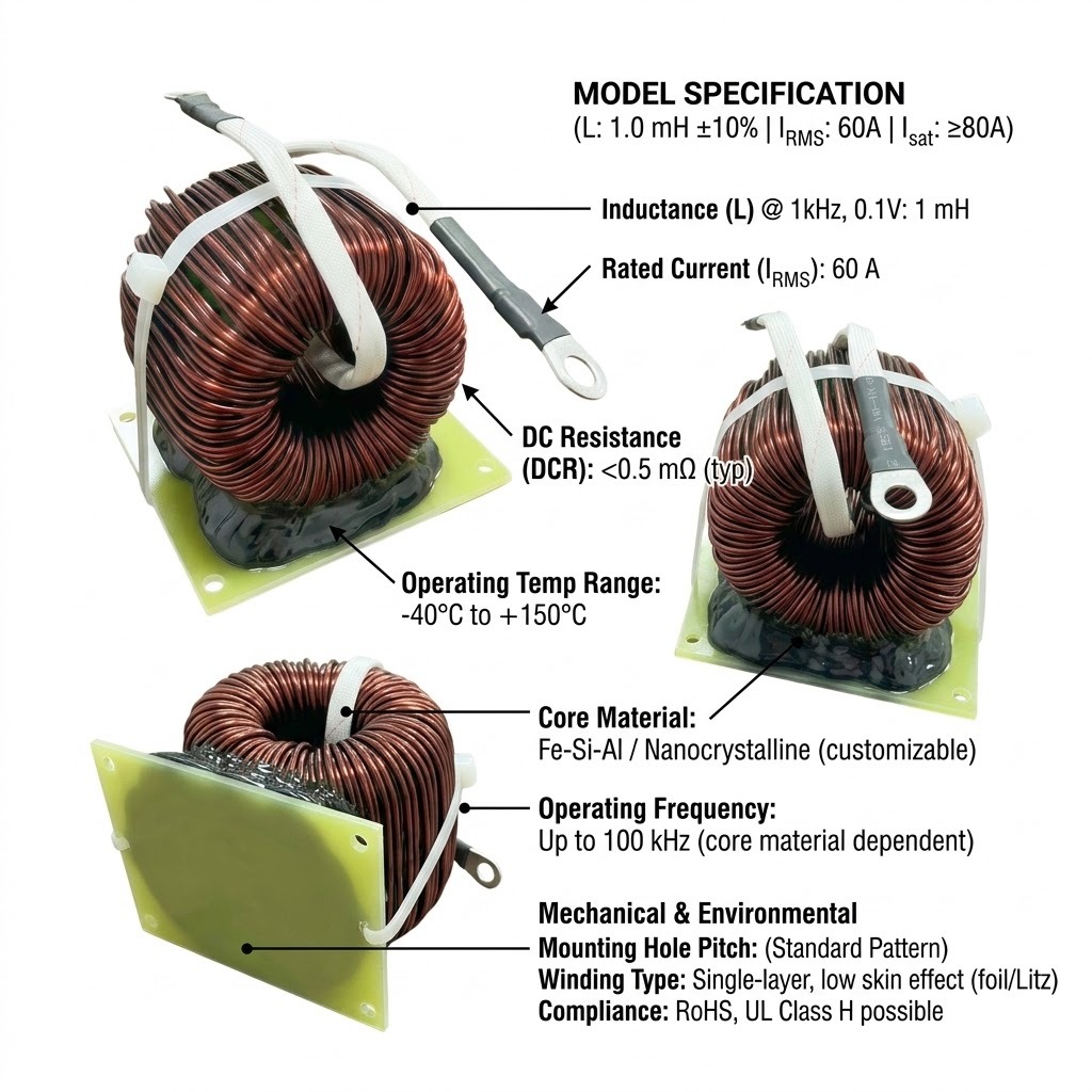 1mH 60A High Current Toroidal Inductor Coil with Double Magnetic Ring for Power Applications
