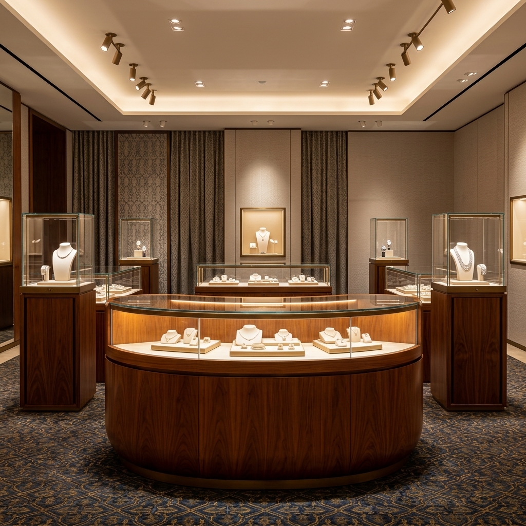 Curved Wooden Jewelry Island Counter with Glass Display Cabinets and LED Lighting